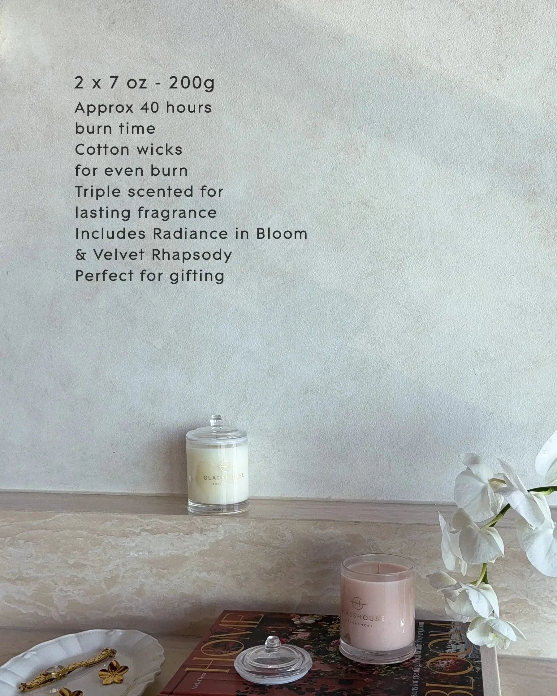 2x200g Candle Duo - Mother's Day - Radiance In Bloom & Velvet Rhapsody-Glasshouse-The Bay Room