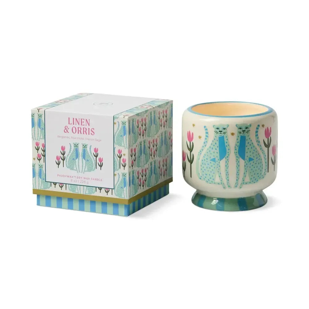 A Dopo 8oz Handpainted "Blue Cheetahs" Ceramic Candle - Linen & Orris-Candles & Fragrances-Paddywax-The Bay Room