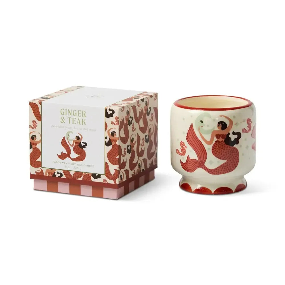 A Dopo 8oz Handpainted "Mermaid & Moon" Ceramic Candle - Ginger & Teak-Candles & Fragrances-Paddywax-The Bay Room