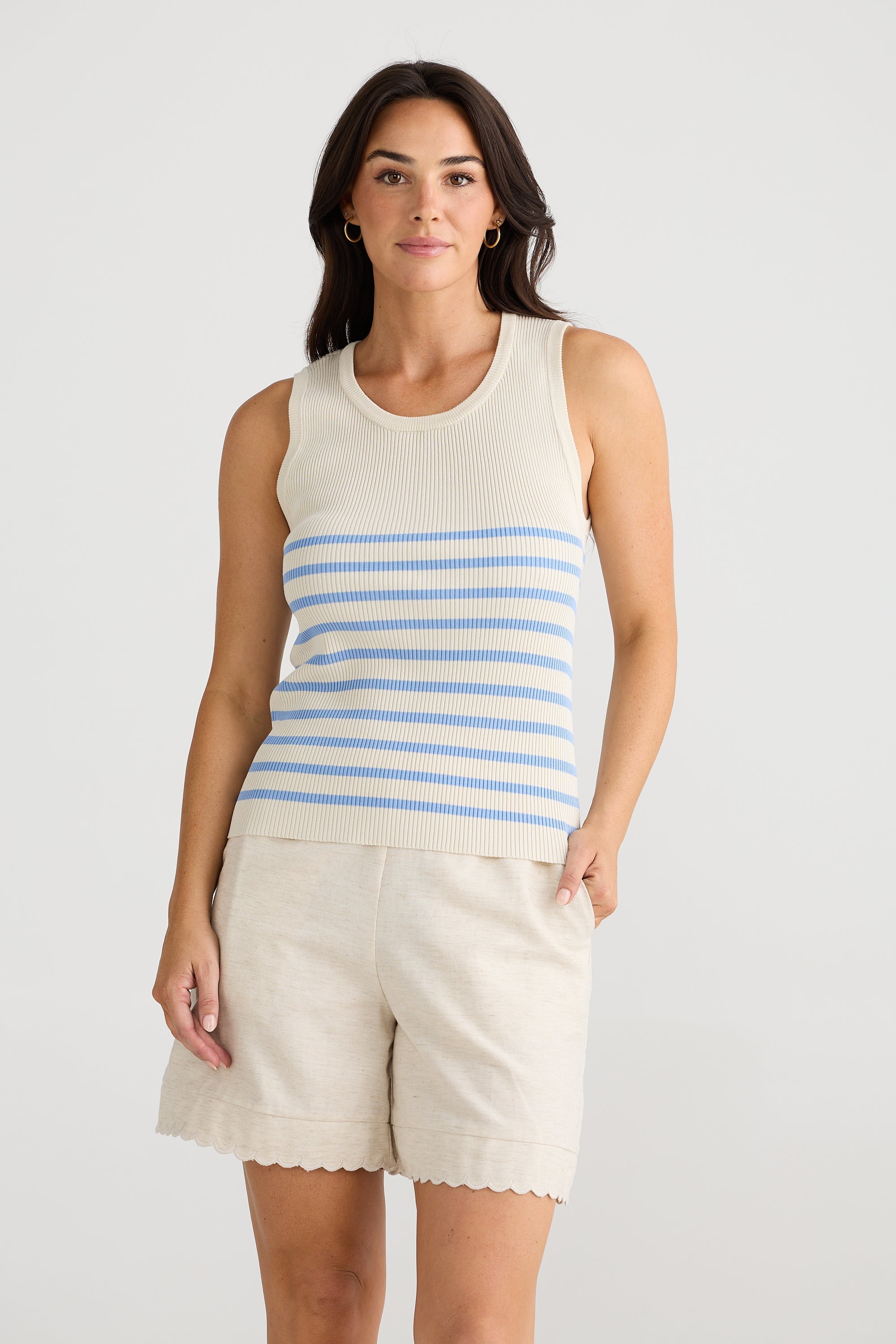 Amba Tank - Ecru with Blue Stripe-Tops-Brave & True-The Bay Room