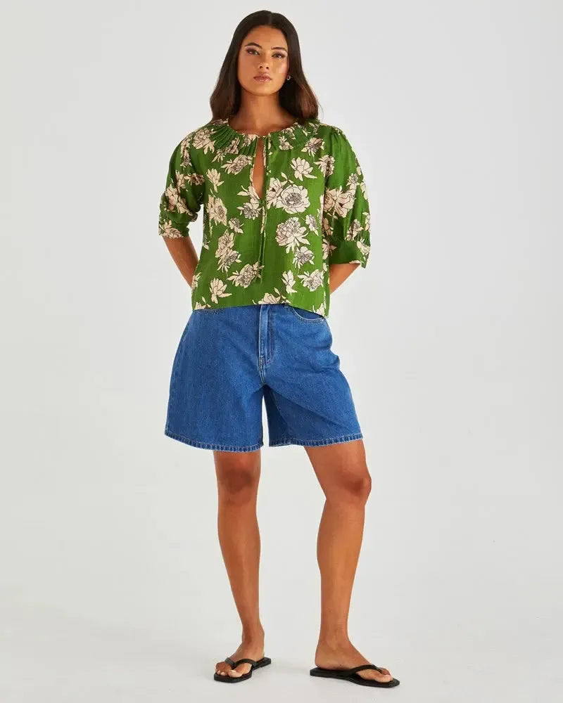 Antonie Pleated Blouse - Moonflower Green-Tops-SASS-The Bay Room