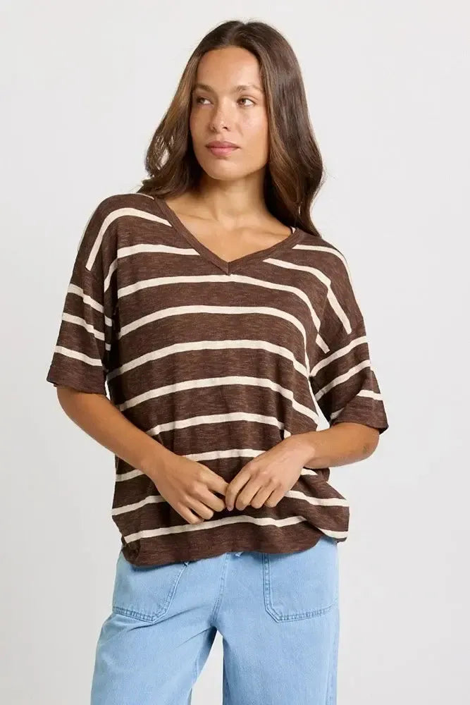 Aries V-Neck Knit Top - Chocolate-Tops-Betty Basics-The Bay Room