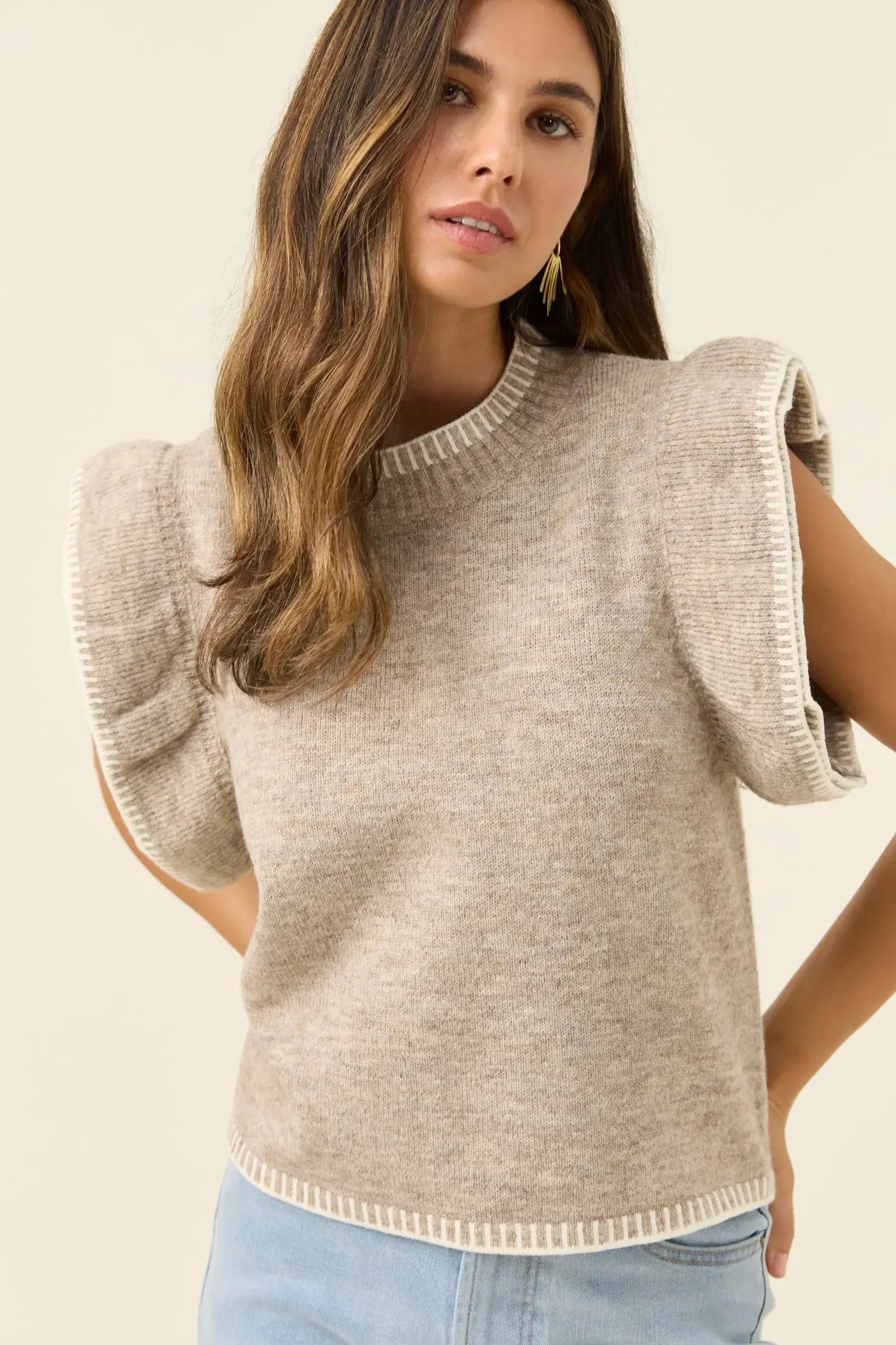 Athena Frill Knit Top - Stone-Isle Of Mine-The Bay Room