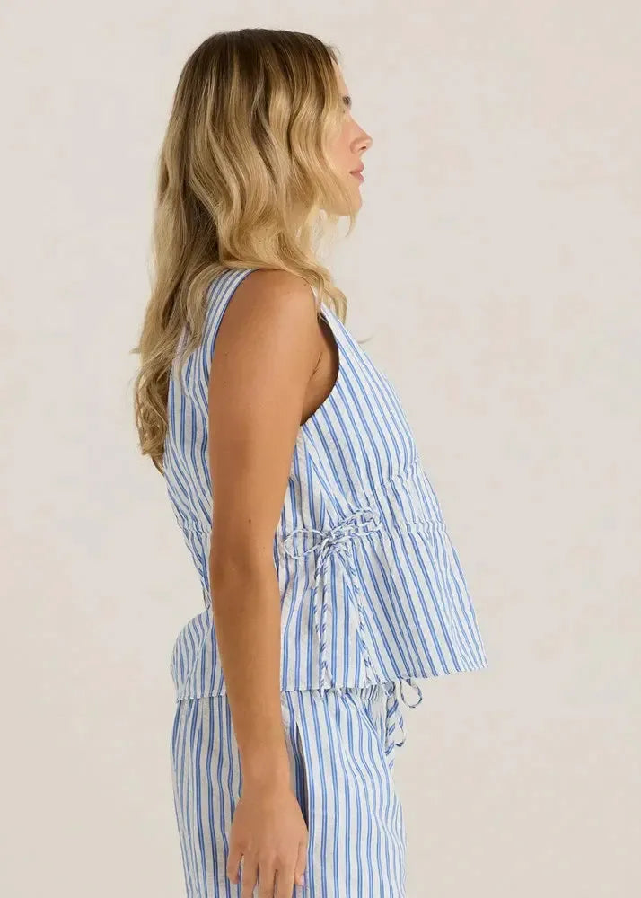 Aziza Gathered Tie Top - Blue/White Stripe-Tops-SASS-The Bay Room