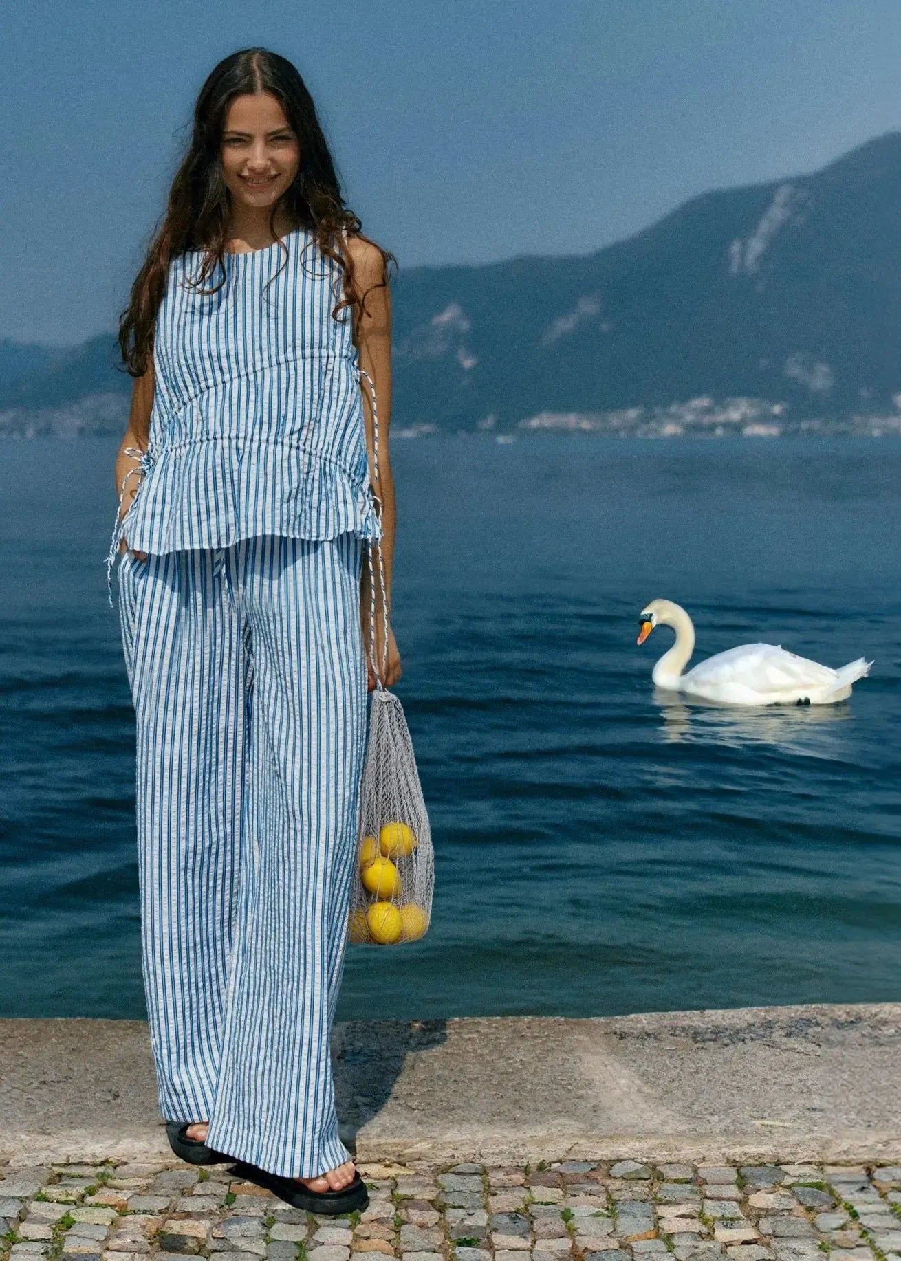 Aziza Gathered Tie Top - Blue/White Stripe-Tops-SASS-The Bay Room