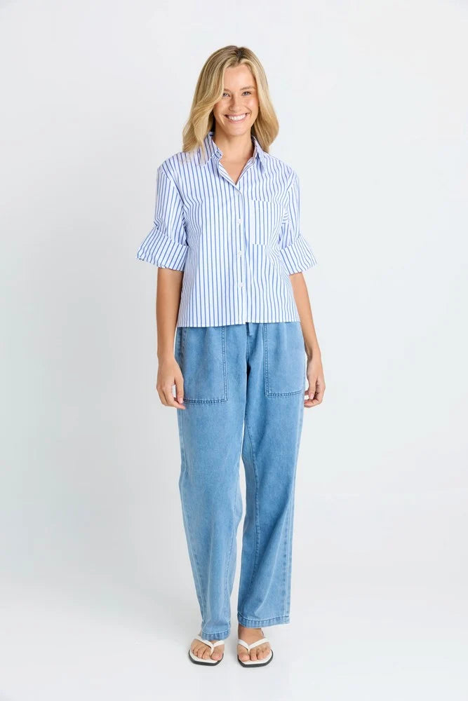 Cropped Poplin Shirt - Blue Stripe