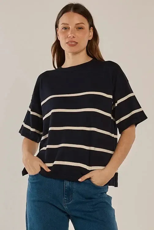 Bailey Boxy Top - Navy/Cream-Tops-Betty Basics-The Bay Room