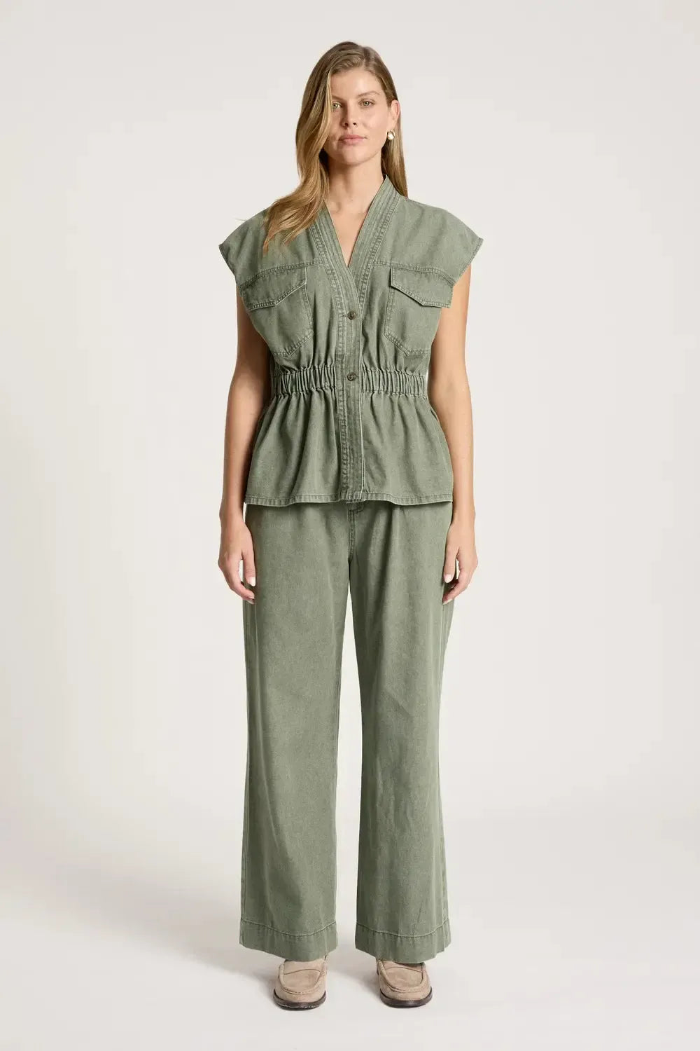 Bodhi Denim Vest - Olive-Jackets, Coats & Vests-Eb & Ive-The Bay Room
