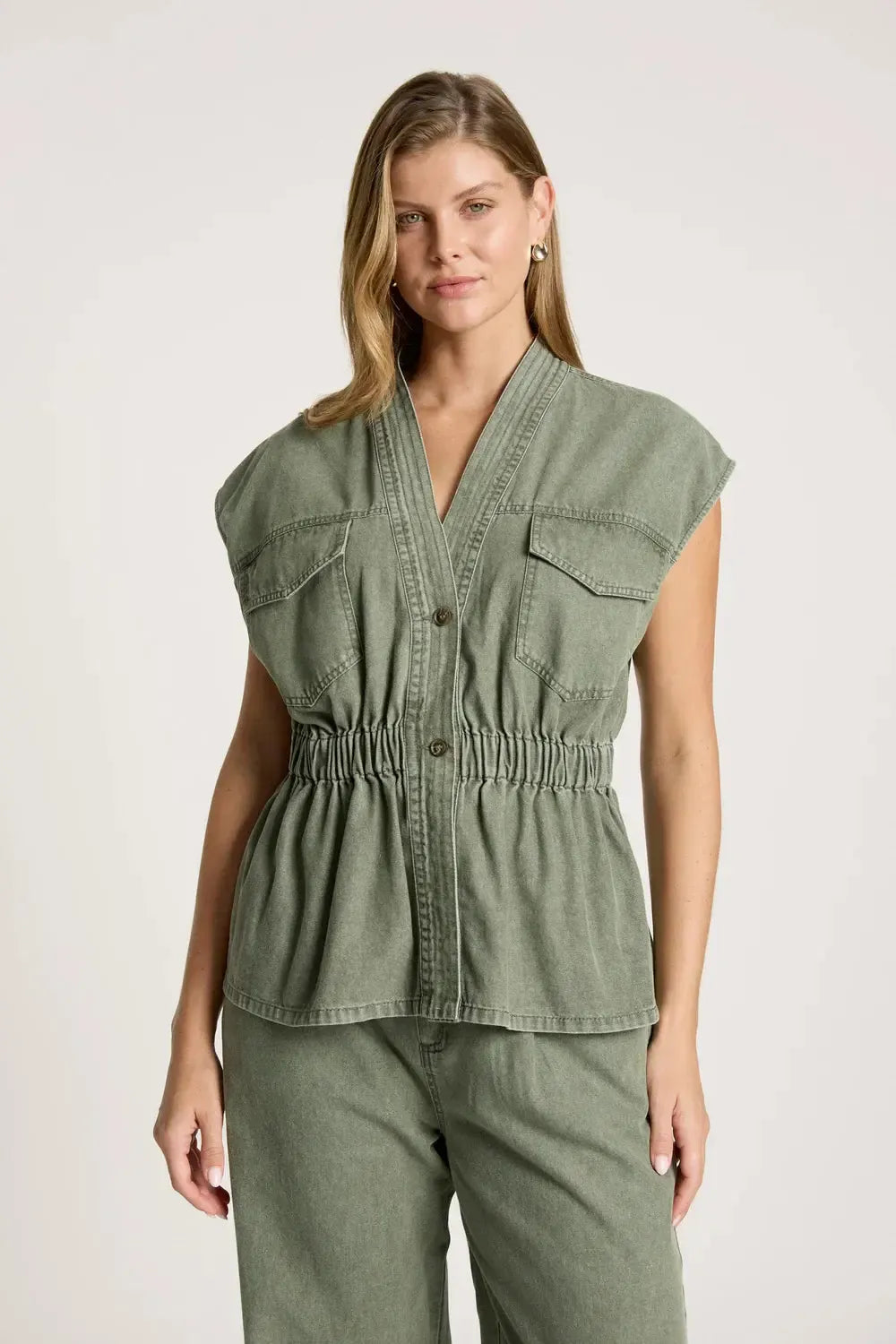 Bodhi Denim Vest - Olive-Jackets, Coats & Vests-Eb & Ive-The Bay Room
