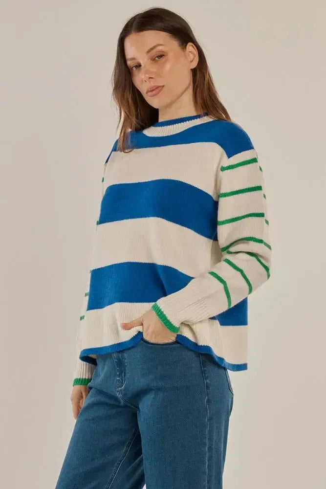 Camryn Knit Sweater - Blue/Green Stripe-Knitwear & Jumpers-Betty Basics-The Bay Room