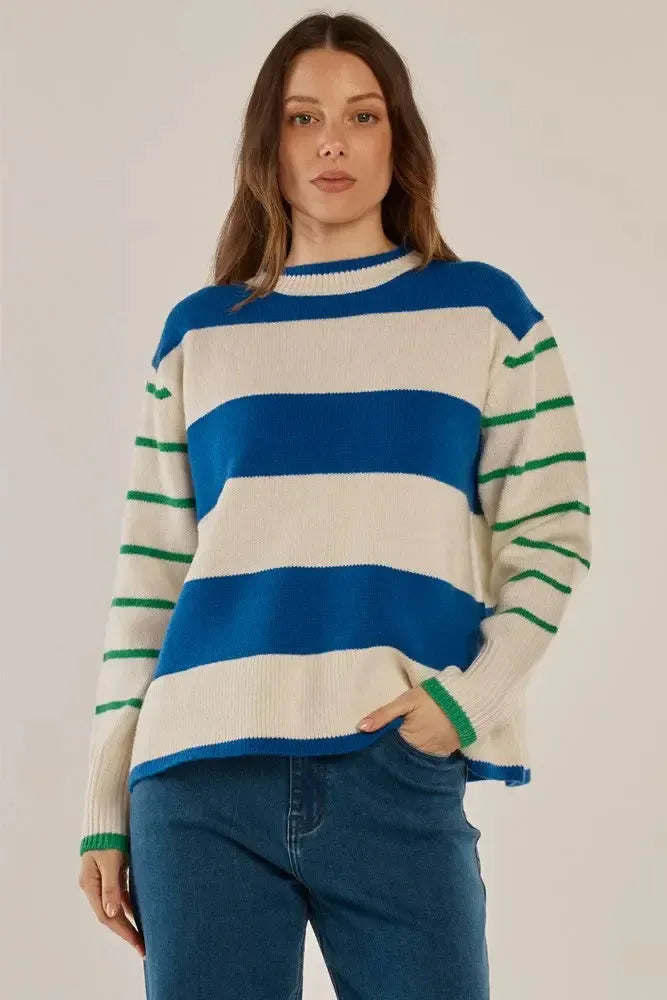 Camryn Knit Sweater - Blue/Green Stripe-Knitwear & Jumpers-Betty Basics-The Bay Room