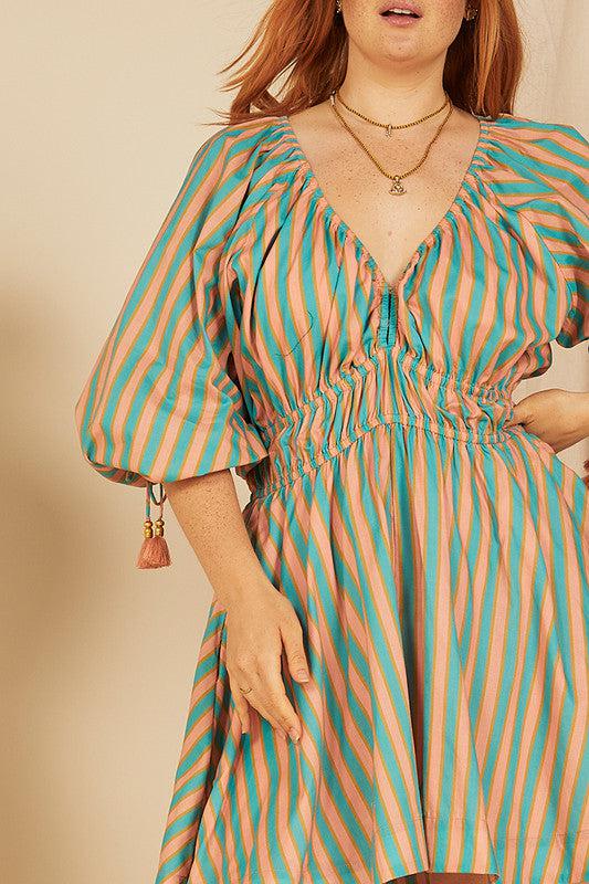 Candy Stripe Deep V Mini Dress-Dresses-Bohemian Traders-The Bay Room