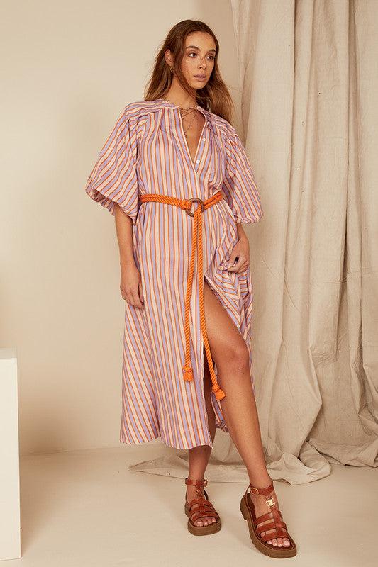 Candy Stripe Pleated Neck Midi Dress