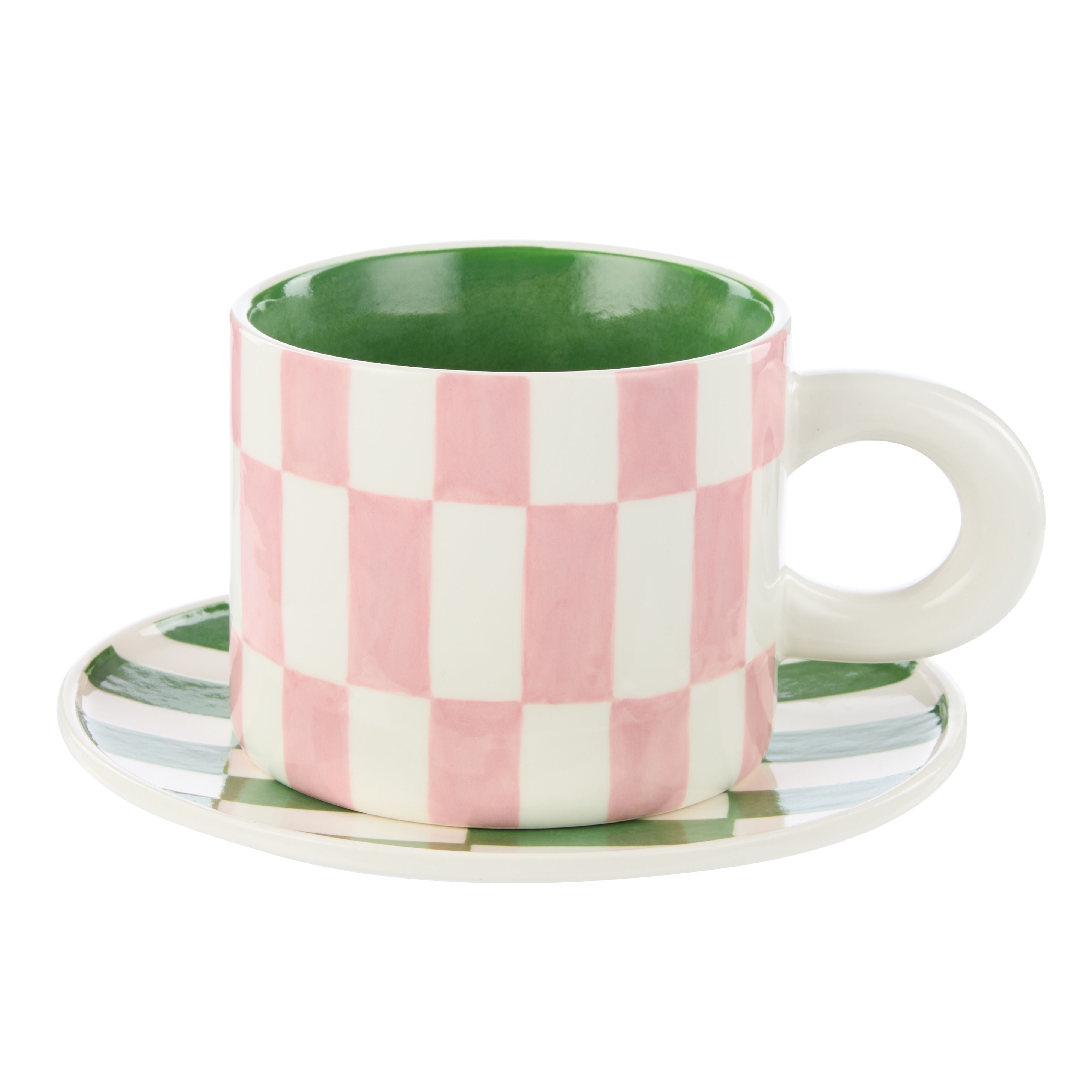 Check 300ml Mug & Plate Set 13.5x9x7.5cm Pink & Green-Dining & Entertaining-Emporium-The Bay Room