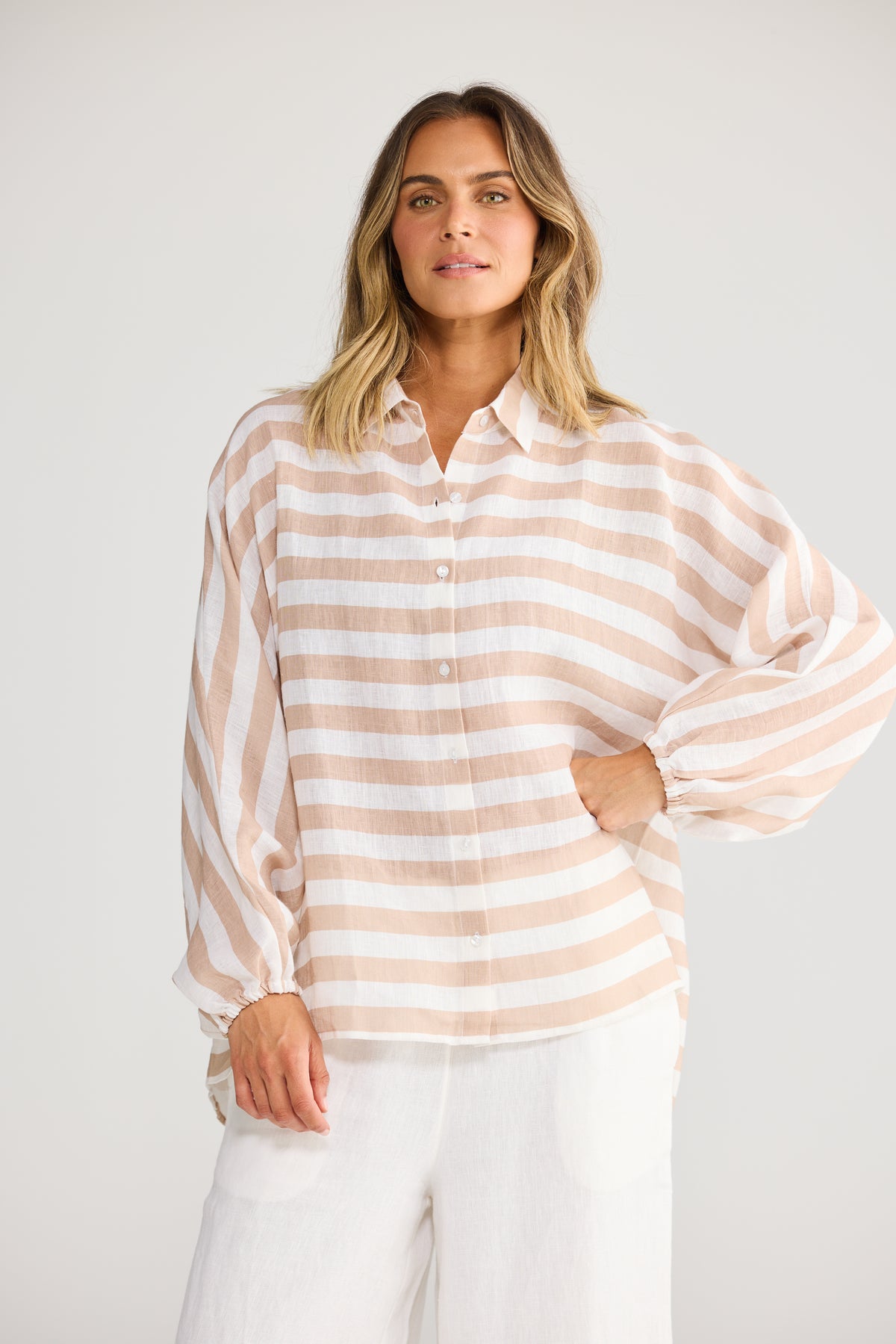 Cliffside Shirt - Natural with White-Tops-Holiday-The Bay Room