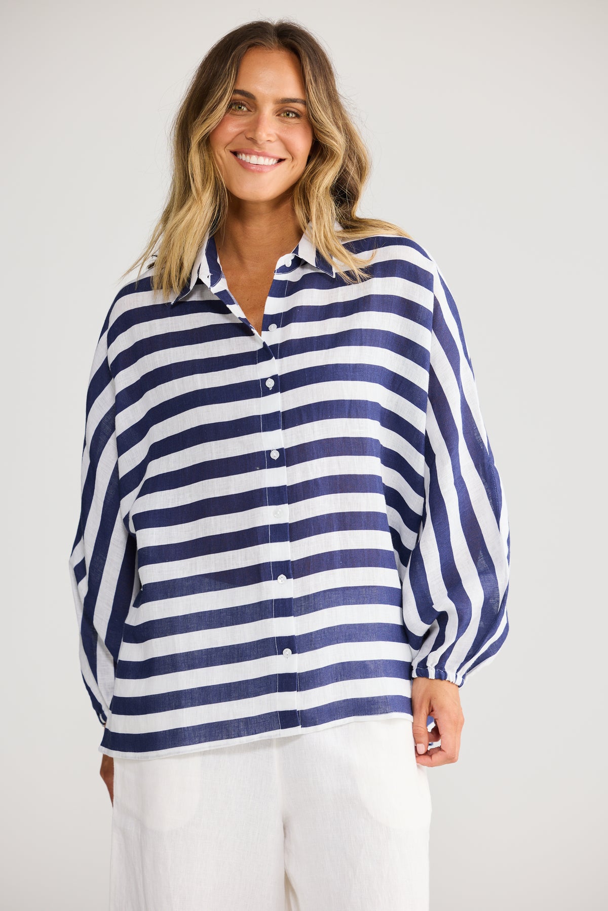 Cliffside Shirt - Navy Stripe-Tops-Holiday-The Bay Room