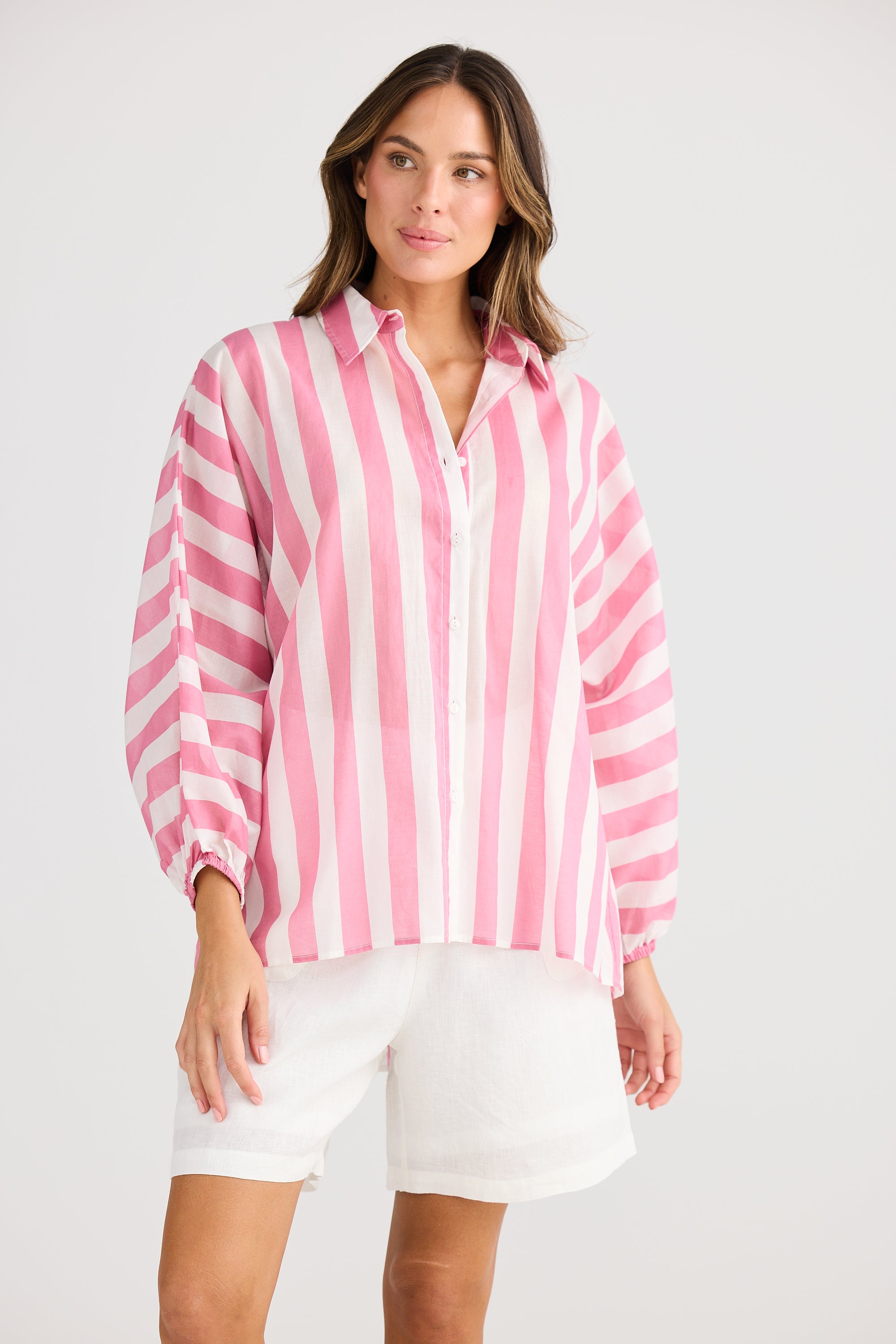 Cliffside Shirt - Pink Stripe-Tops-Holiday-The Bay Room