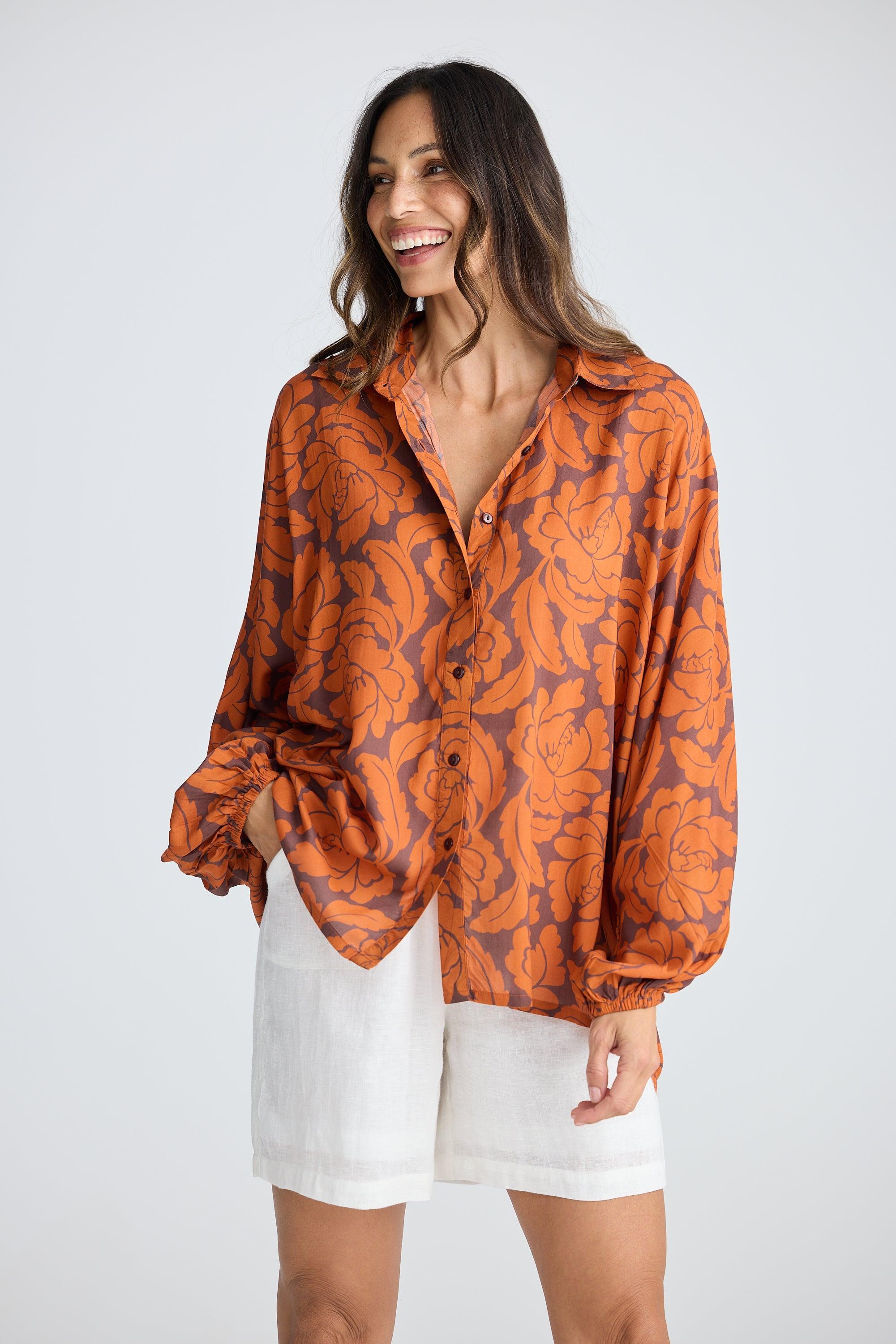 Cliffside Shirt - Tuscan Palm Print-Tops-Holiday-The Bay Room