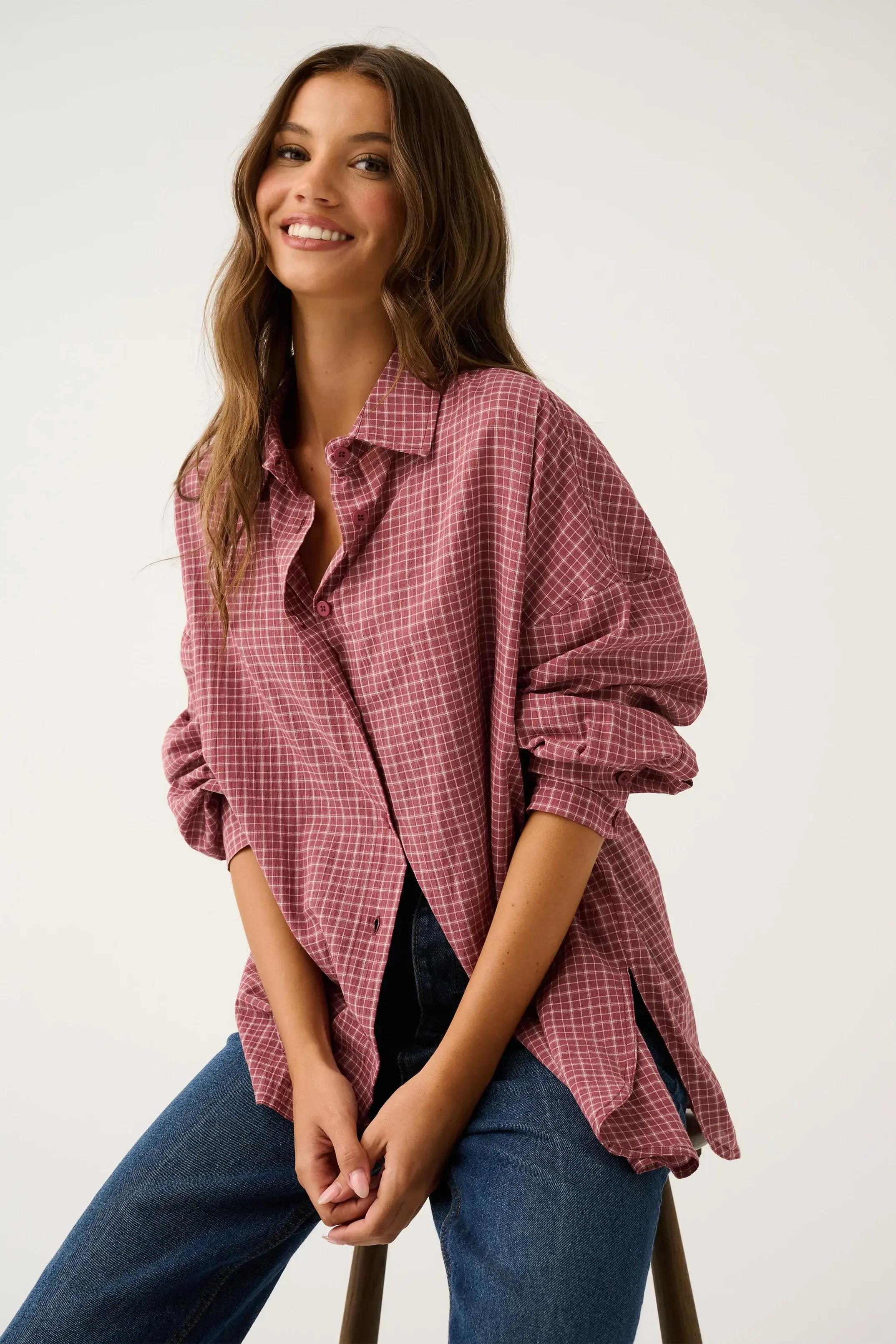 Darby Shirt - Mulberry Check-Tops-Cartel & Willow-The Bay Room