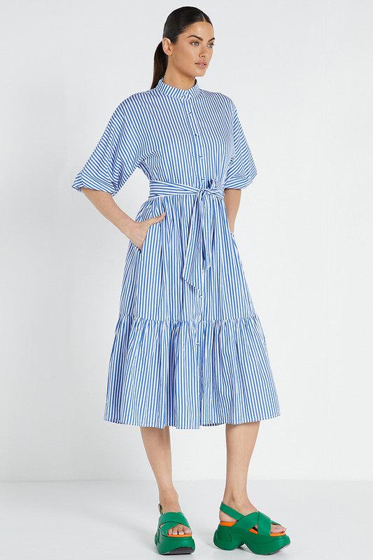 Dolman Midi Shirt Dress in Blue/White Stripe-Dresses-Bohemian Traders-The Bay Room