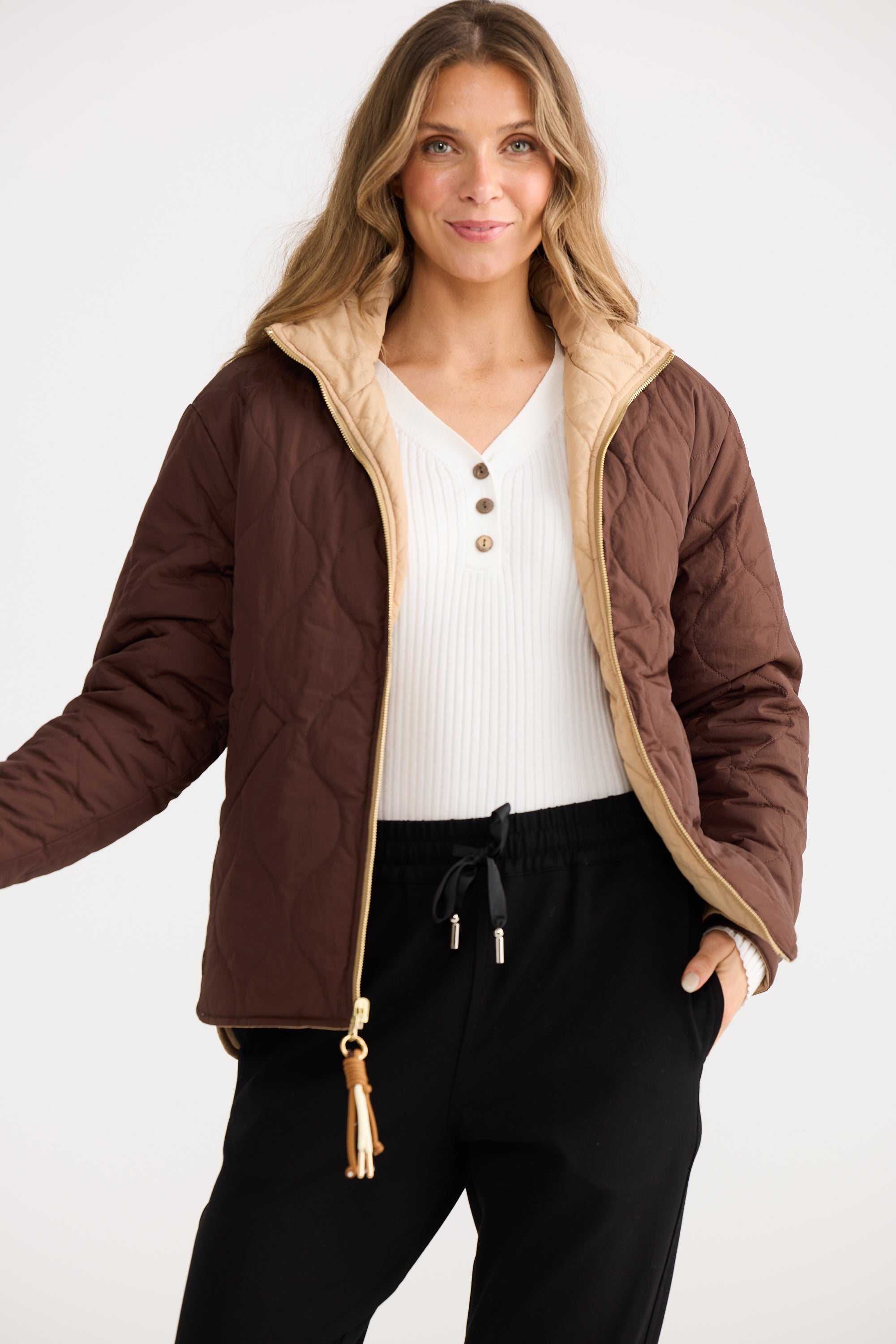 Ellis Puffer - Chocolate with Taupe-Jackets, Coats & Vests-Home Love-The Bay Room