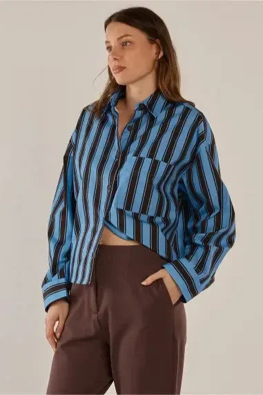 Erin Crop Shirt - Chocolate/Cornflower Stripe-Tops-Betty Basics-The Bay Room