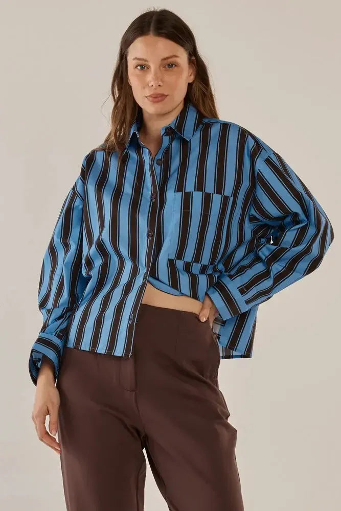 Erin Crop Shirt - Chocolate/Cornflower Stripe-Tops-Betty Basics-The Bay Room