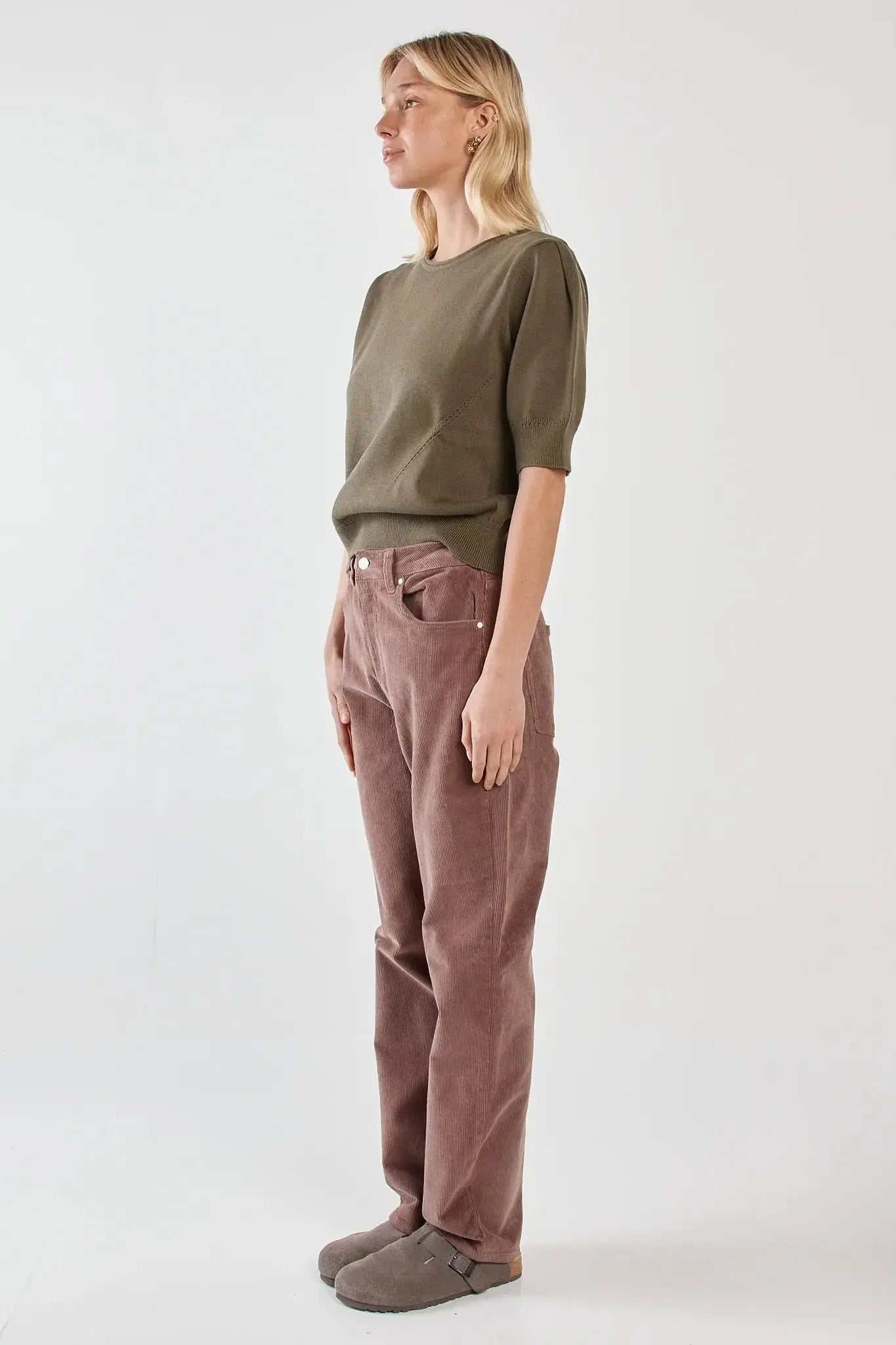 Esti Pointelle Knit Tee - Khaki-Tops-SASS-The Bay Room