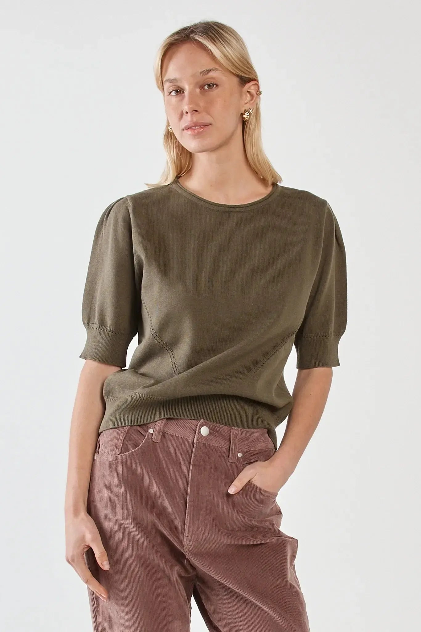 Esti Pointelle Knit Tee - Khaki-Tops-SASS-The Bay Room