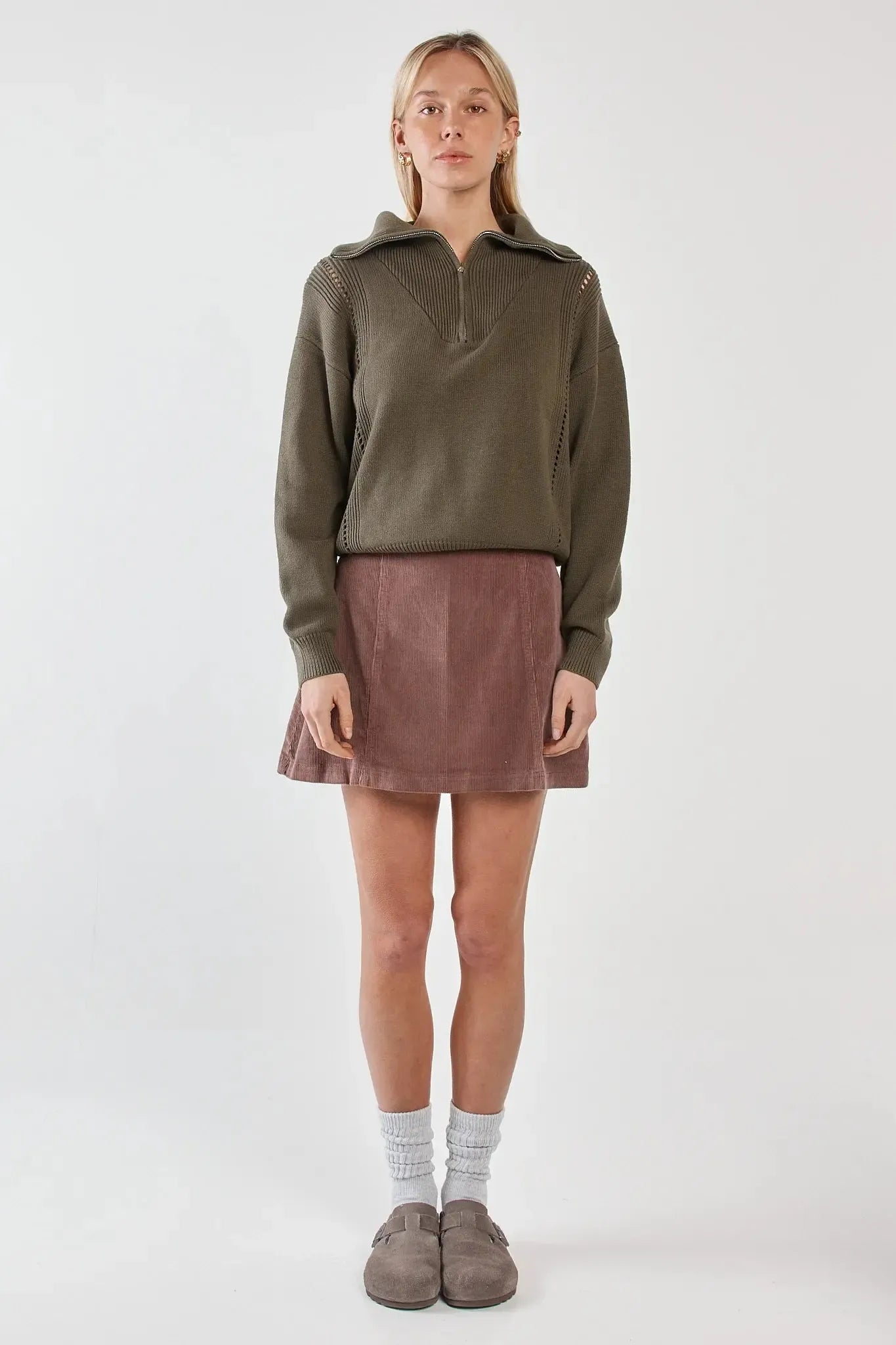 Esti Pointelle Zip Up Knit - Khaki-Knitwear & Jumpers-SASS-The Bay Room