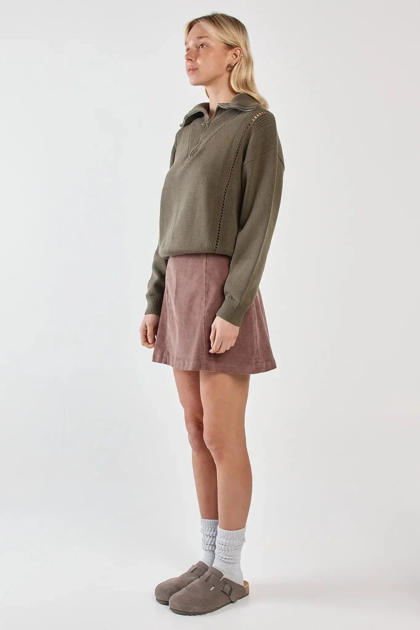 Esti Pointelle Zip Up Knit - Khaki-Knitwear & Jumpers-SASS-The Bay Room