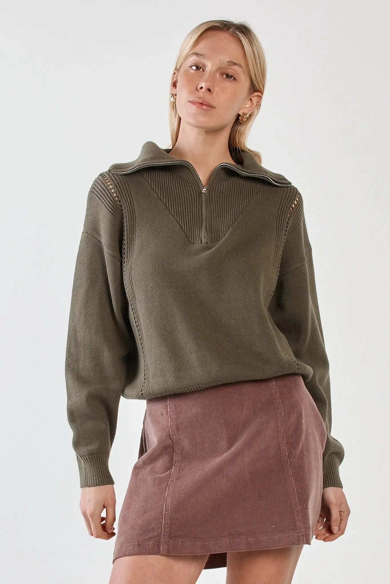 Esti Pointelle Zip Up Knit - Khaki-Knitwear & Jumpers-SASS-The Bay Room