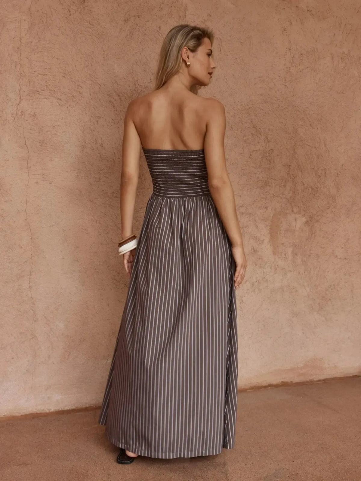 Everley Strapless Dress - Choc Stripe-Dresses-SASS-The Bay Room