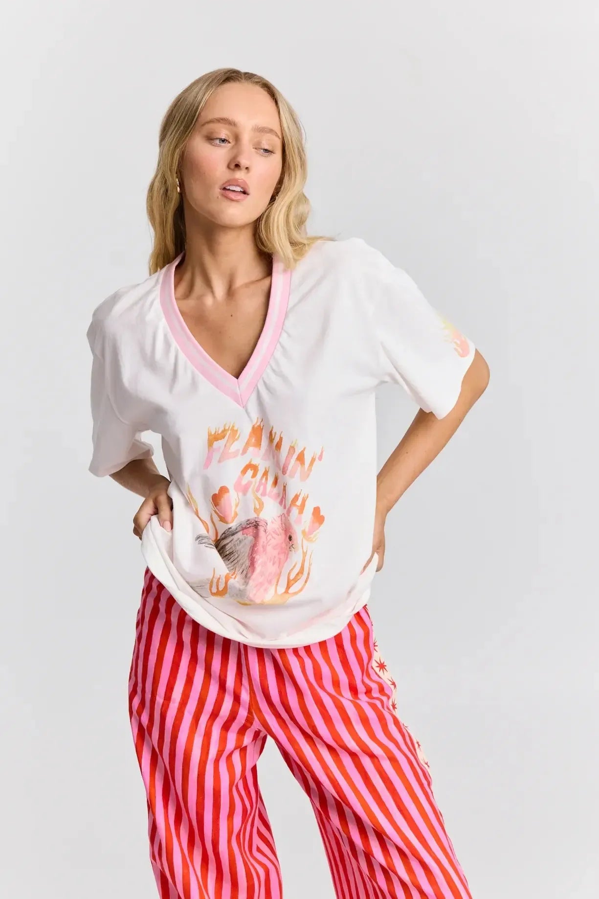 Flamin Galah V-Neck Tee-Tops-Maku The Label-The Bay Room