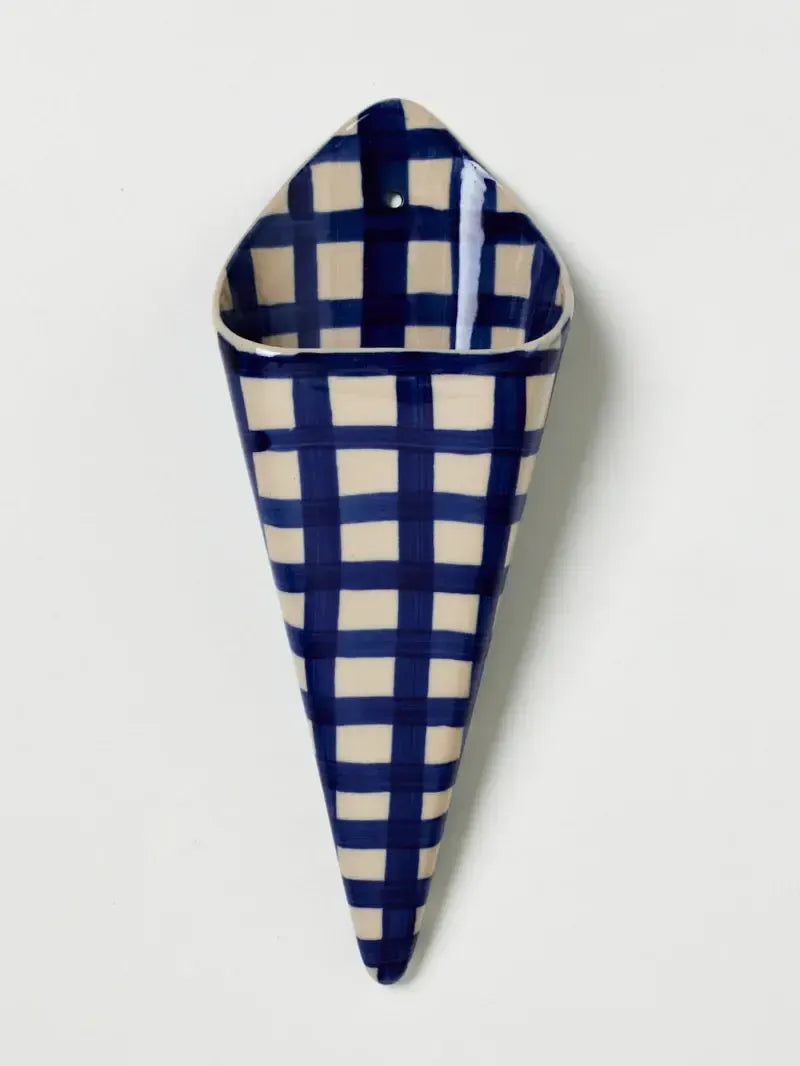 Folly Wall Vase Blue Check-Pots, Planters & Vases-Jones & Co-The Bay Room