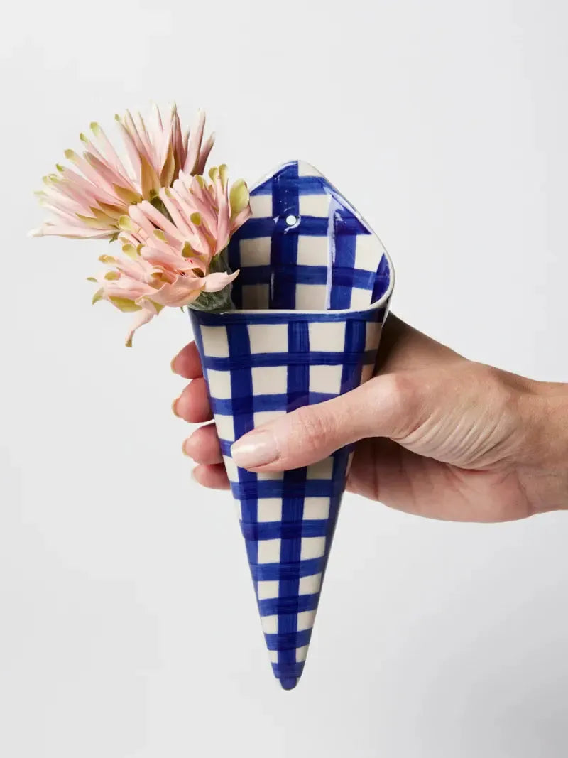 Folly Wall Vase Blue Check-Pots, Planters & Vases-Jones & Co-The Bay Room