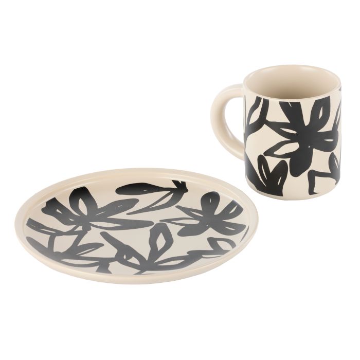 Freya Mug & Side Plate Set 12x9x10cm Oat & Black-Dining & Entertaining-Leaf & Bean-The Bay Room