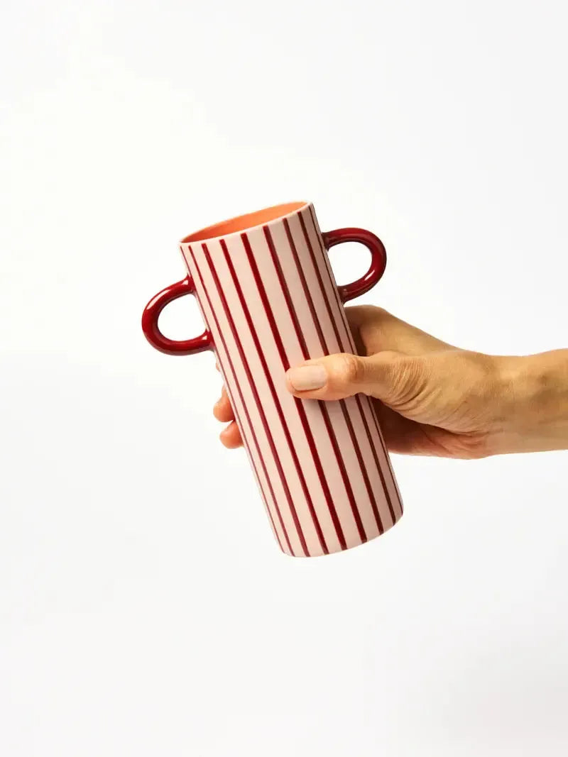 Griffe Bud Vase Pink Pinstripe-Pots, Planters & Vases-Jones & Co-The Bay Room