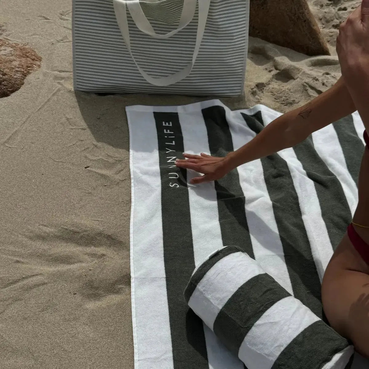 Inflatable Beach Pillow The Vacay Olive Stripe-Travel & Outdoors-Sunny Life-The Bay Room