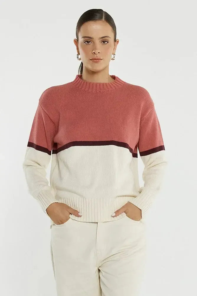 Ivy Cotton Knit - Cream/Burg/Rose-Knitwear & Jumpers-SASS-The Bay Room