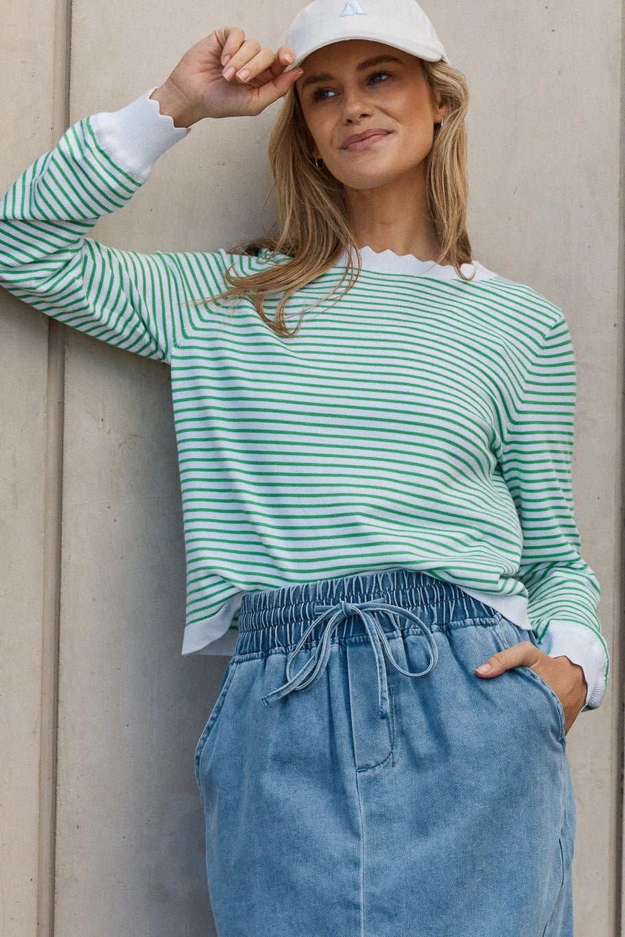 Scallop Knit Sweater - Green Stripe