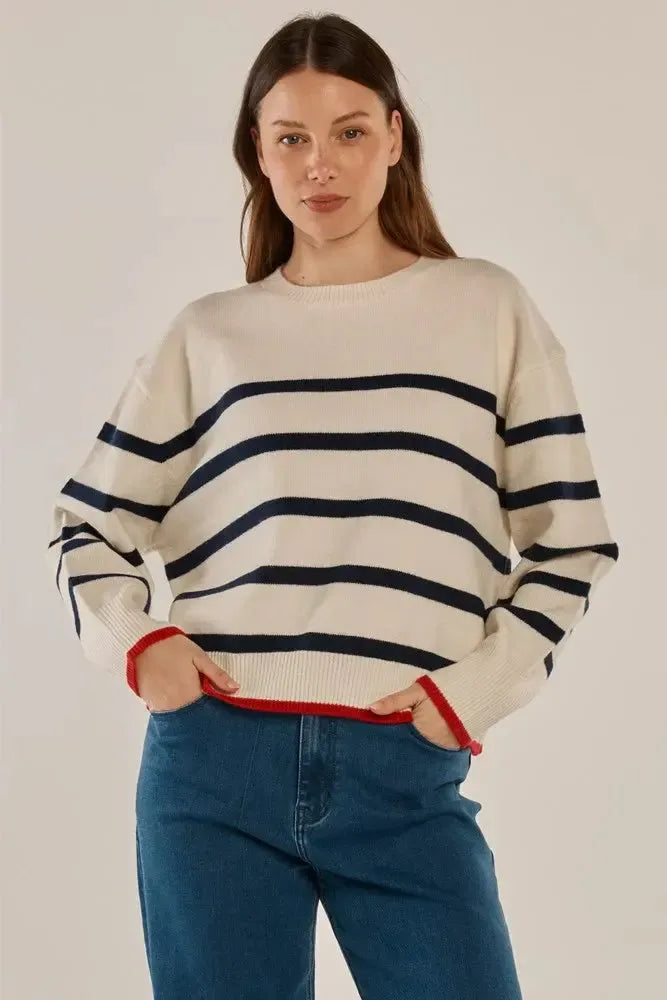 Leonie Knit Sweater - Navy/Off-White Stripe-Knitwear & Jumpers-Betty Basics-The Bay Room
