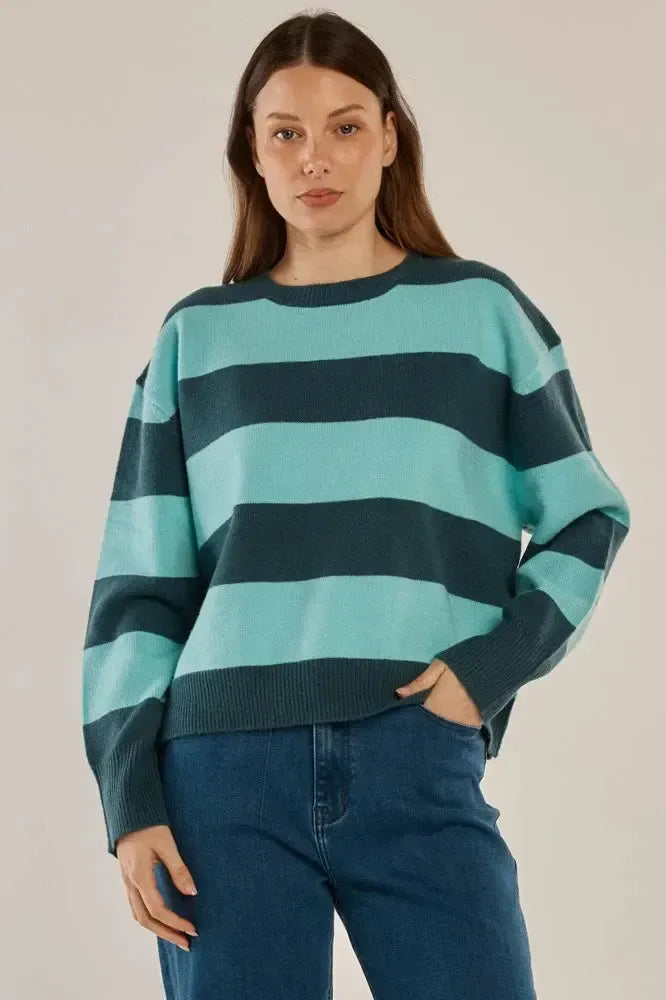 Leonie Knit Sweater - Teal Green/Blue Stripe-Knitwear & Jumpers-Betty Basics-The Bay Room