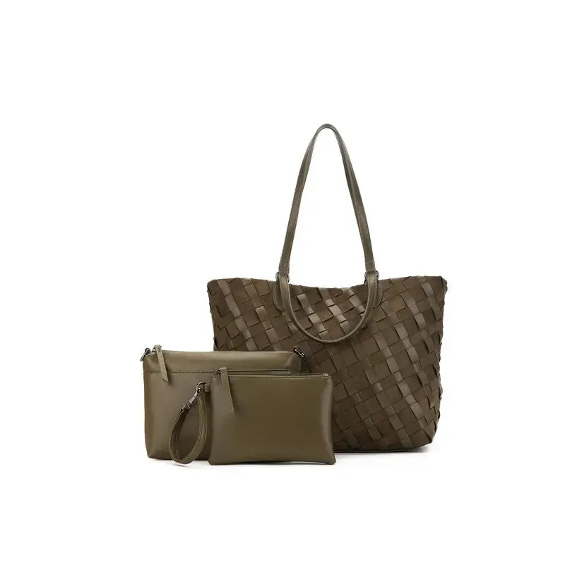 Lexington Olive 3 Piece Woven Handbag Tote-Bags & Clutches-Black Caviar Designs-The Bay Room
