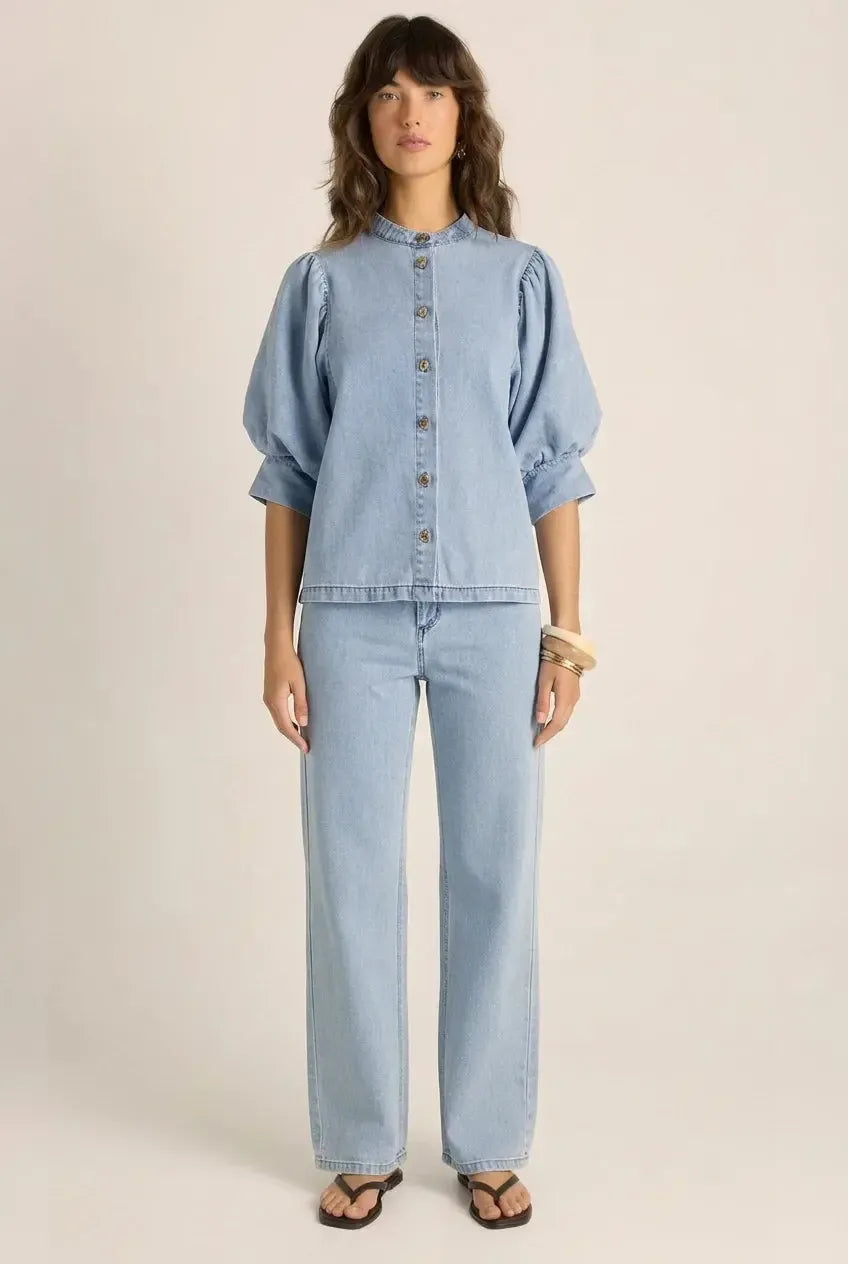 Lila Denim Balloon Shirt - Light Wash-Tops-Fate + Becker-The Bay Room