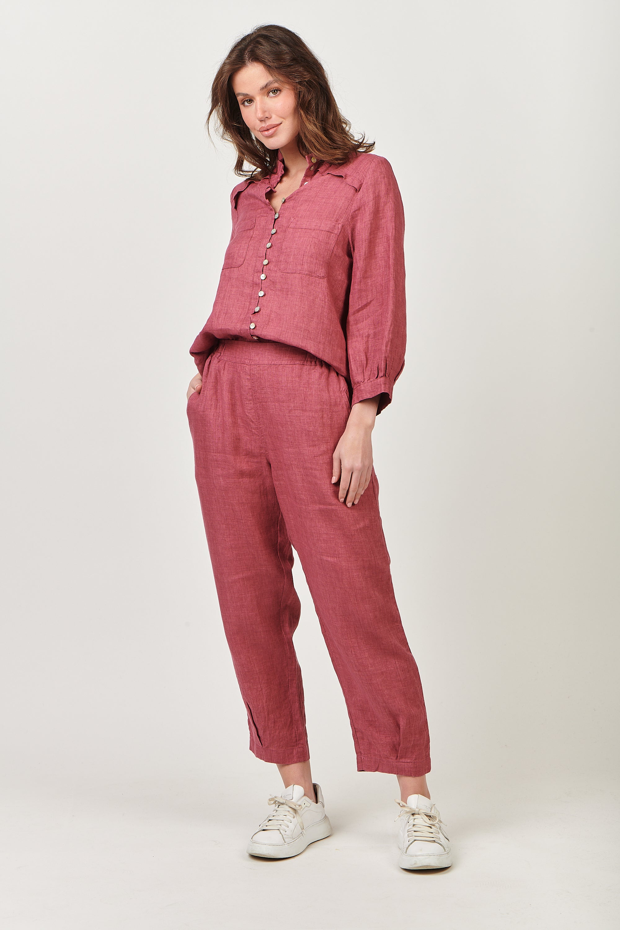 Linen High Neck Top - Rhubarb-Tops-Naturals by O&J-The Bay Room