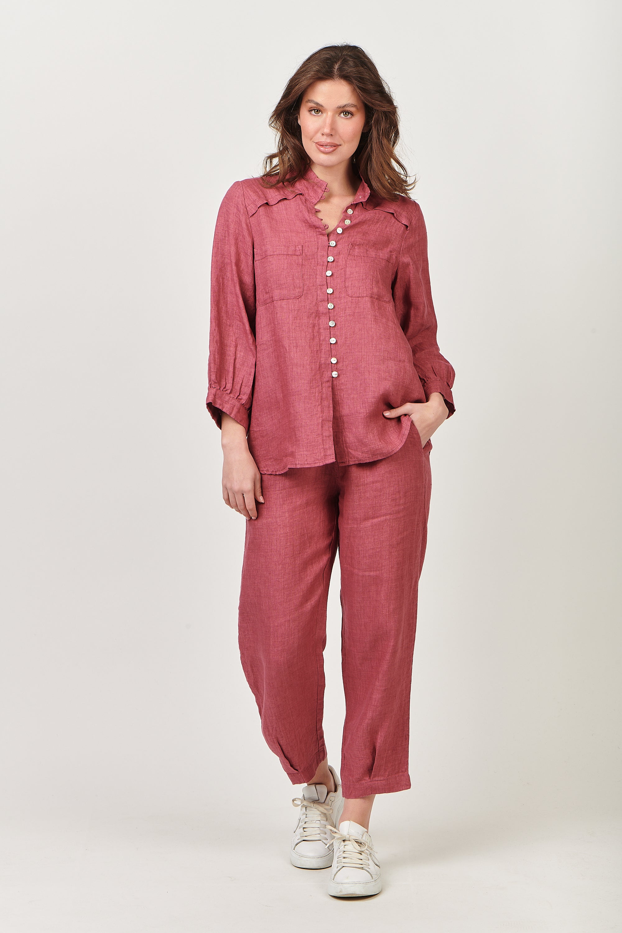 Linen High Neck Top - Rhubarb-Tops-Naturals by O&J-The Bay Room