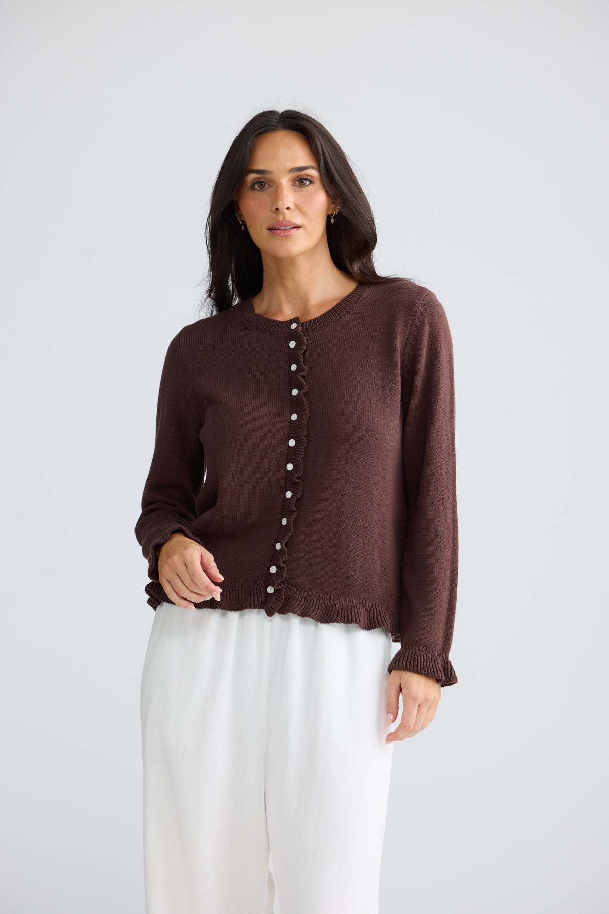 Lorrie Frill Cardi - Chocolate-Knitwear & Jumpers-Brave & True-The Bay Room
