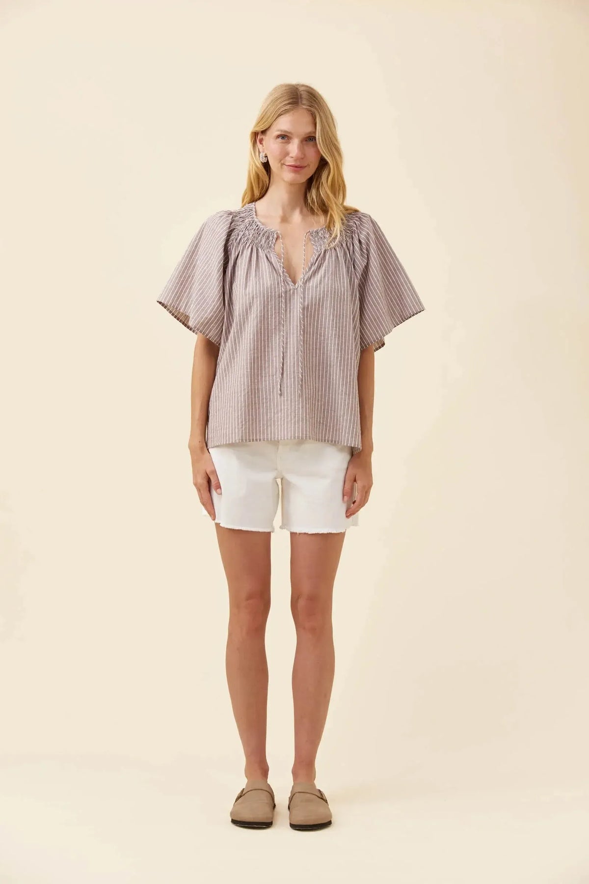 Lyndell Shirred Top - Taupe-Tops-Isle Of Mine-The Bay Room