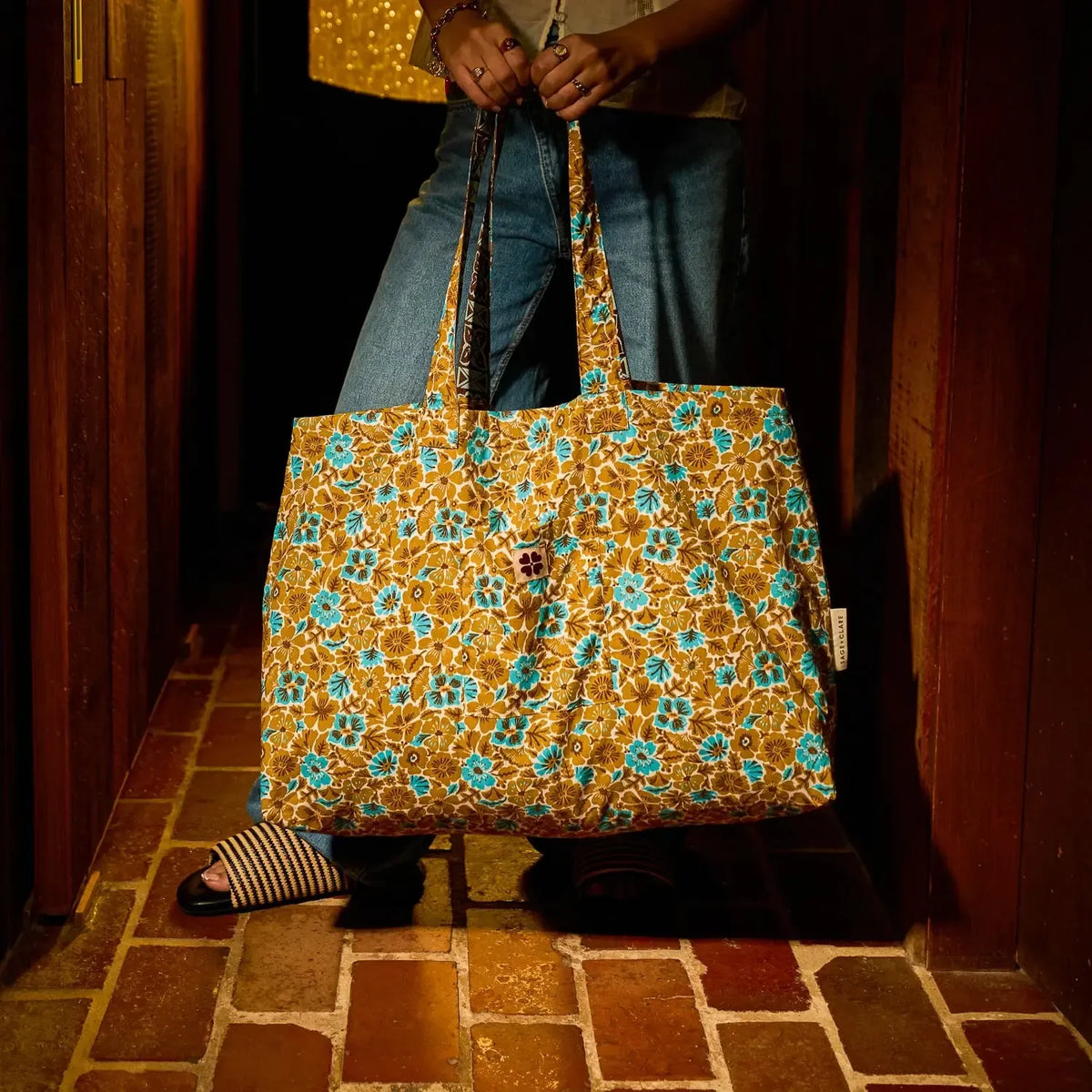 Magnolia Reversible Cotton Tote Bag - Turquoise-Soft Furnishings-Sage & Clare-The Bay Room